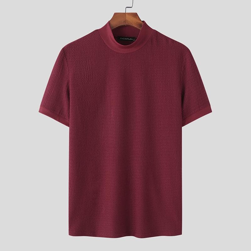 INCERUN Summer Spring Men High Collar Short Sleeves Tops 3XL wine red