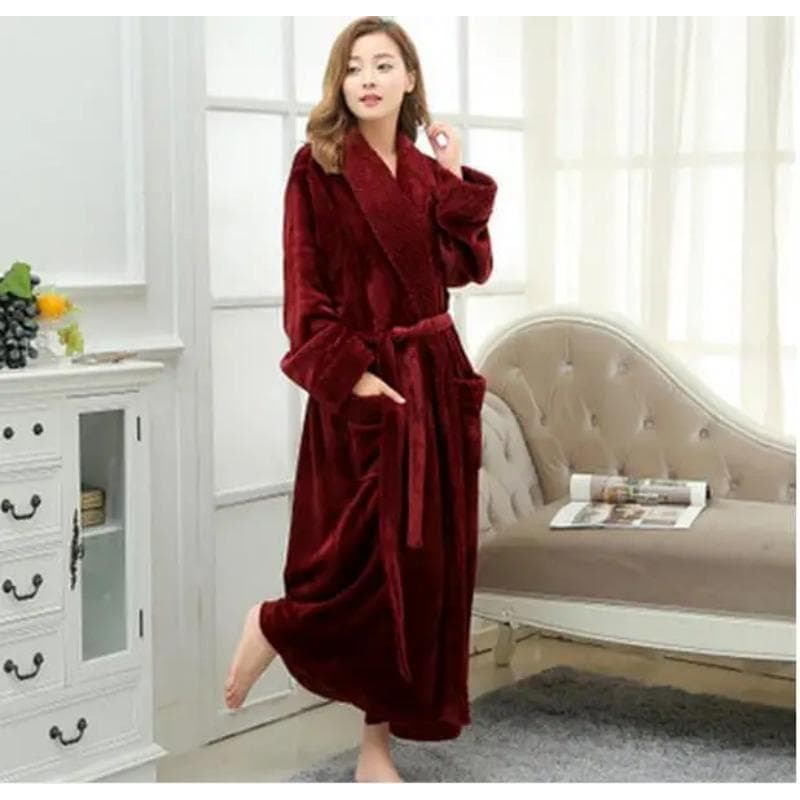 Long Bathrobe, Home Clothes, Dressing Gown, Women's Bathrobe Jacket, Women's Flannel Nightgown, Women's Warm Bathrobe L red