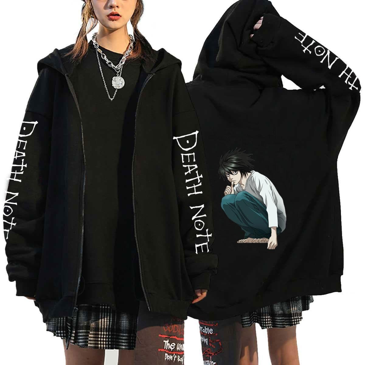 Death Note Harajuku Anime Zipper Coats Hoodies Mens Jackets Casual Loose Hooded Zip Up Manga L Lawliet Print Tops Sweatshirt Unisex Couple Streetwear XL