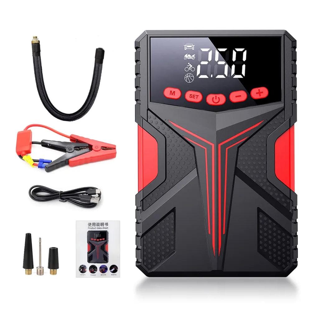 Multifunctional Jump Starter with Air Compressor 2000A Peaks Battery Booster Power Pack (Up to 6.5L red black