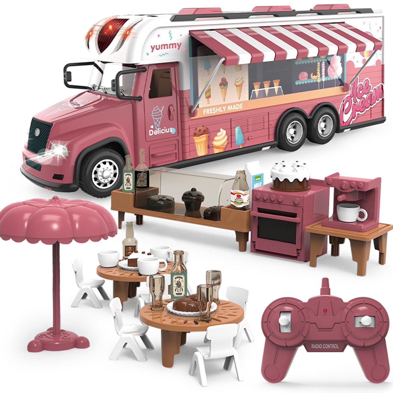 Remote Control Car, 2.4Ghz Pink Remote Control Car with Music, Lights, and Mini Camping Furniture, coral red