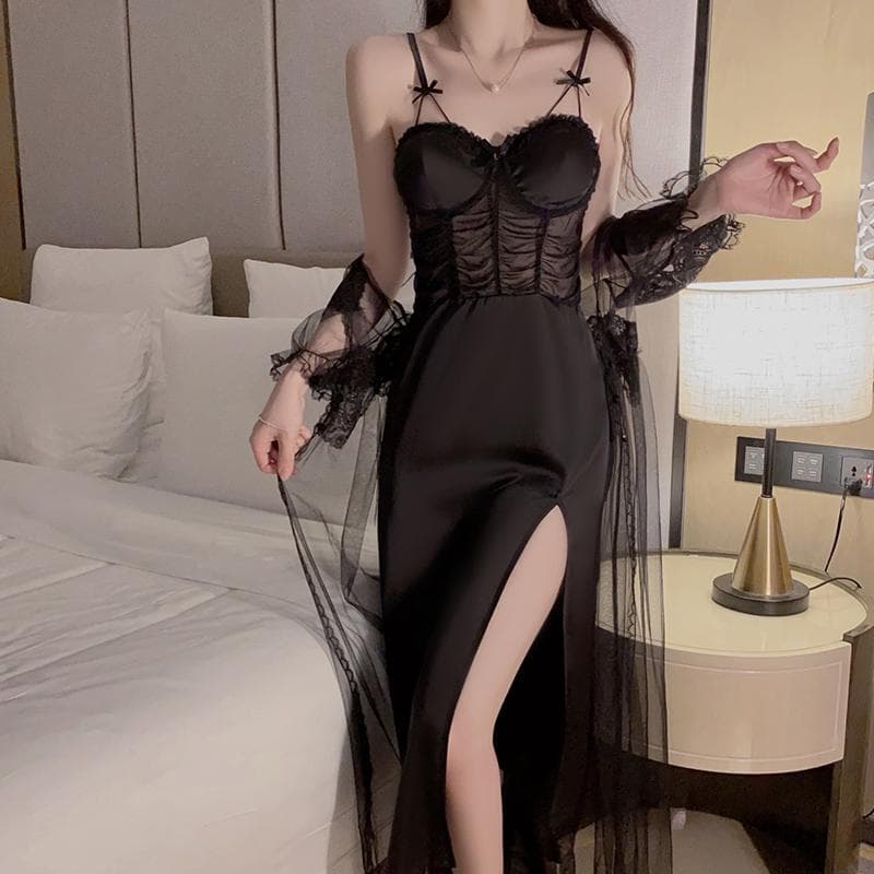 Underwear Women's Home Wear Satin Lace Mesh Mid-calf 2 Piece Home Wear Autumn Black Robe Set for Women L