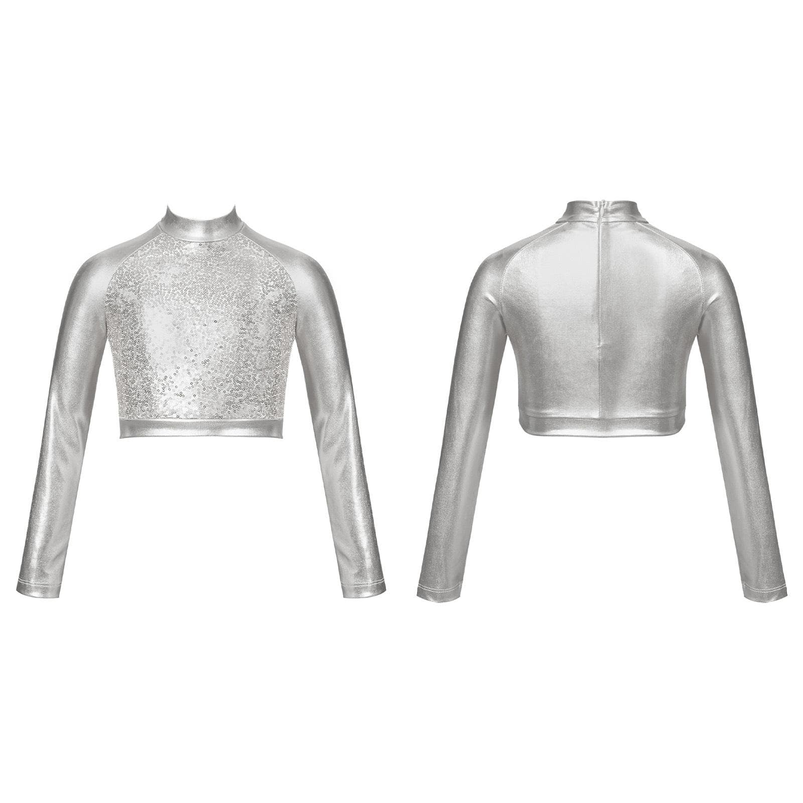 Kids Girls Shiny Metallic Long Sleeve Mock Neck Crop Tops for Dancing Stage Performance 13-14 Years silver