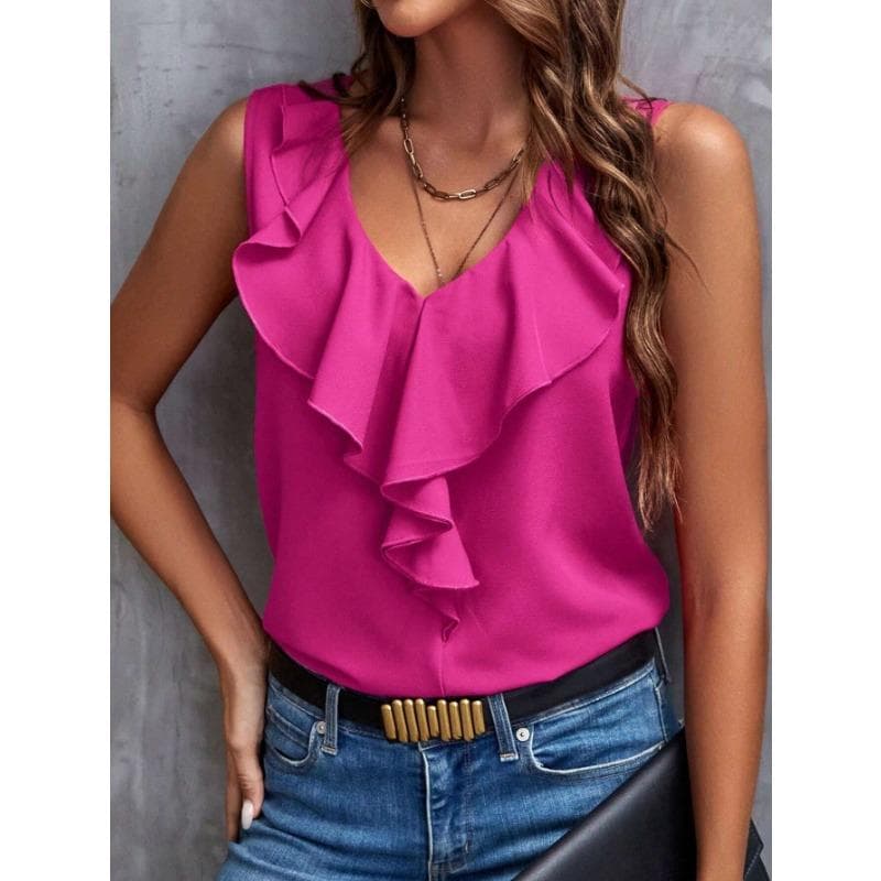 YYFS Women's Fashion Casual Summer Spring Solid Color Print Sleeveless V-Neck Blouses & Shirts L pink
