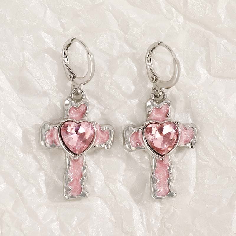 Vintage Punk Pink Cross Drop Earrings For Women Gothic Hip Hop Cross Star Charms Earrings
