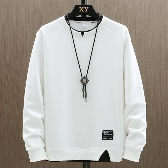 2024 New Mens Casual Sweatshirts Harajuku Solid Color Fashion Fake Two Pieces O-Neck Sweatshirt Hoodies Hip Hop Male Streetwear L white