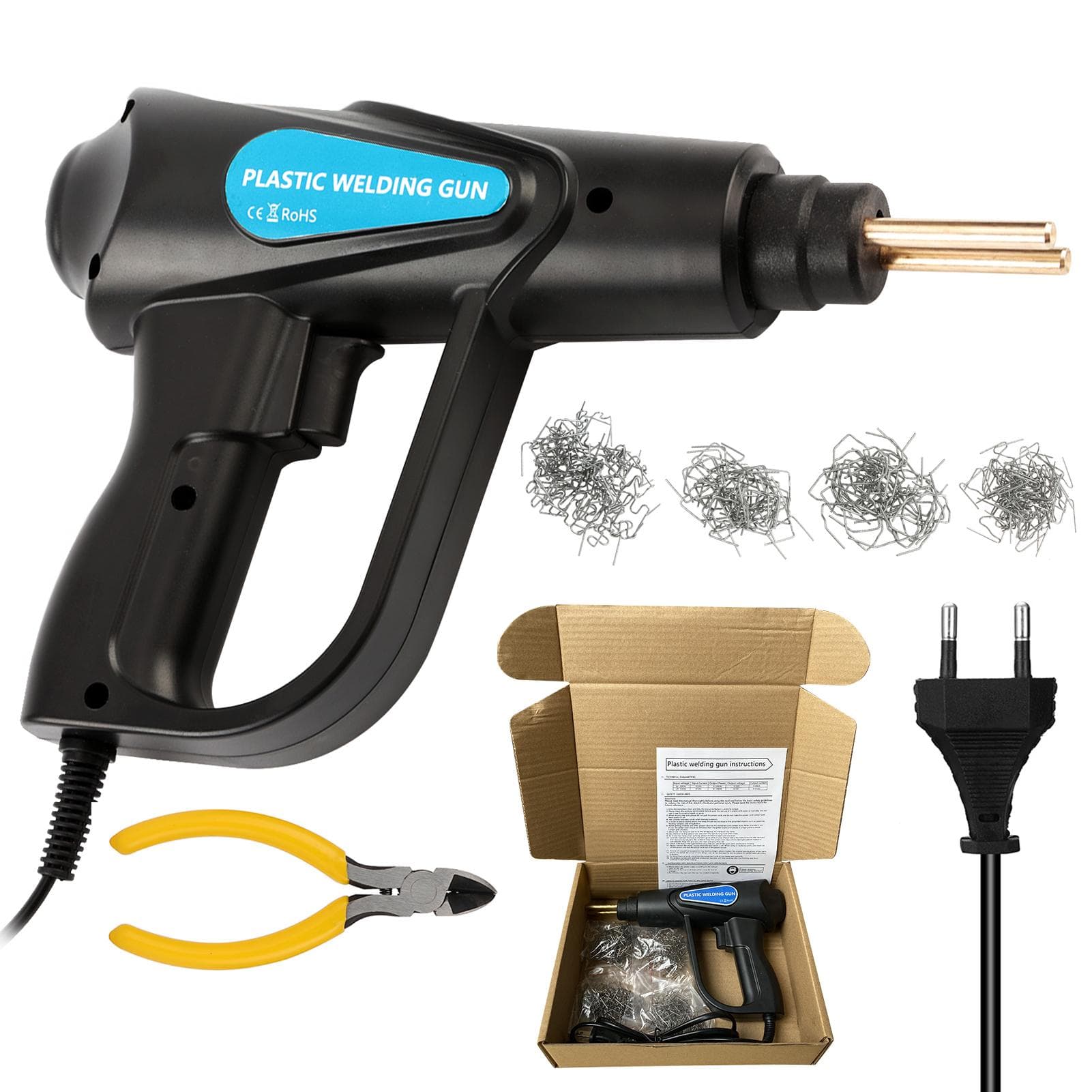 70W Hot Stapler, Plastic Welding Machine Car Bumper Repair Kit, 4 types Flat/Outside Corner/Inside EU Plug black