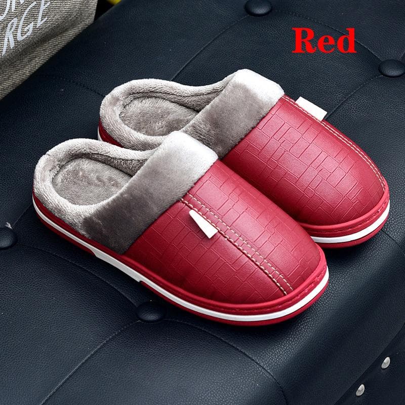Men Women Waterproof PU Leather Winter Warm Plush Home Shoes House Slippers Indoor Anti-Skid 36 red