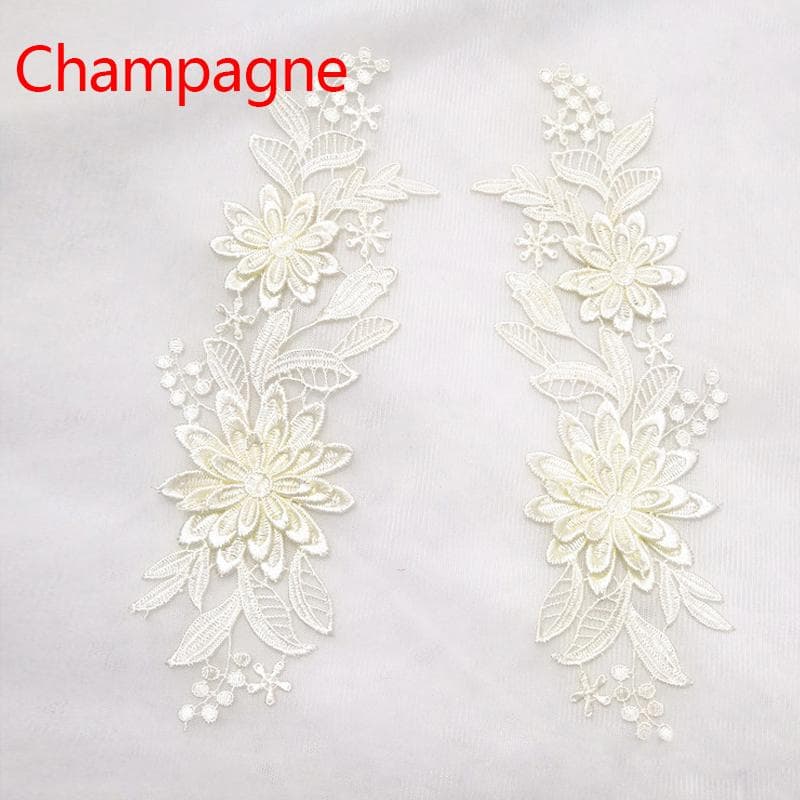 1 Pair Embroidery Applique 3D Lace Trim Flower Fabric Craft Sewing Motif DIY Patches champagne