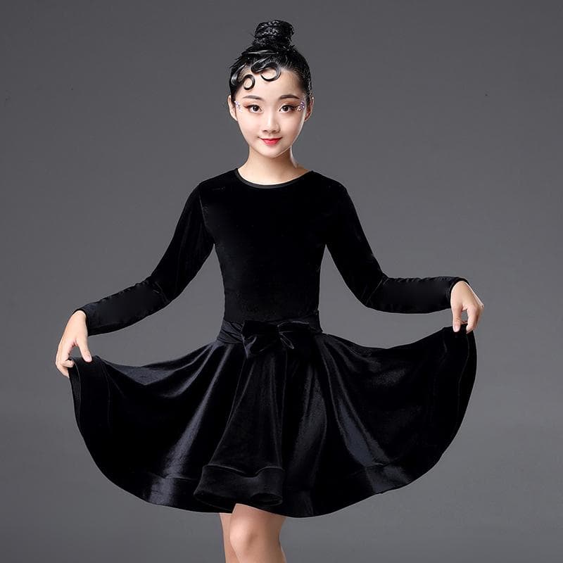 Girls Velvet Latin Salsa Dance Dress Gymnastics Dancewear Ballroom Dancing Costume 170 black