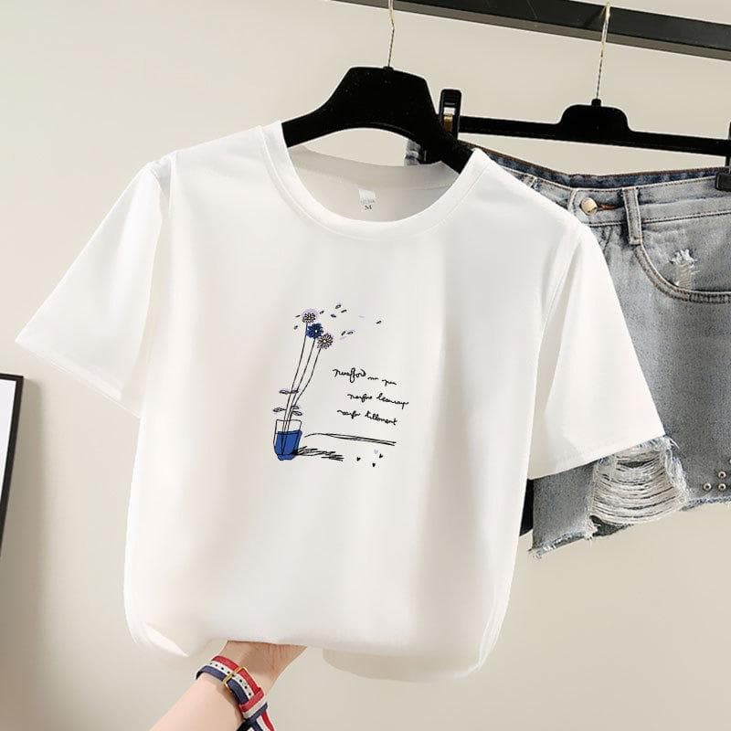 Summer 2025 New Short-sleeved T-shirt Women's Round-neck Printed Top XL white