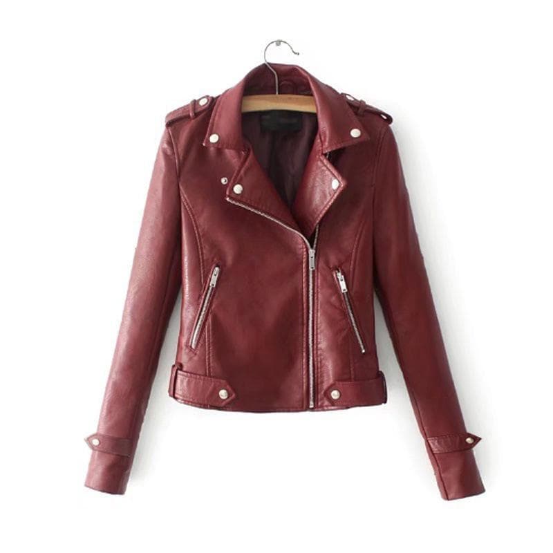 Faux Leather Jacket Women Zip Belt Coats Black PU XL wine red