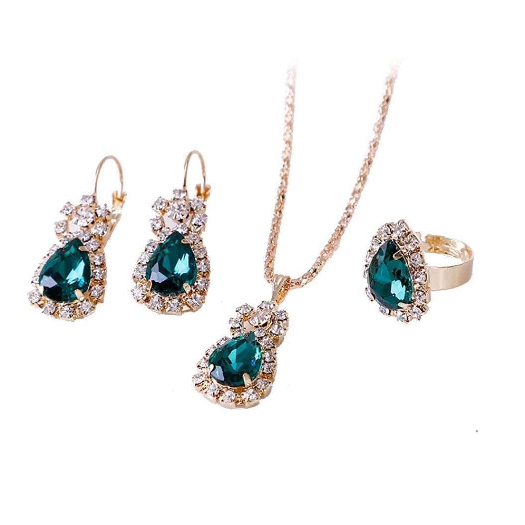 Fashion Waterdrop Shiny Rhinestones Necklace Ring Earrings Women Jewelry Set