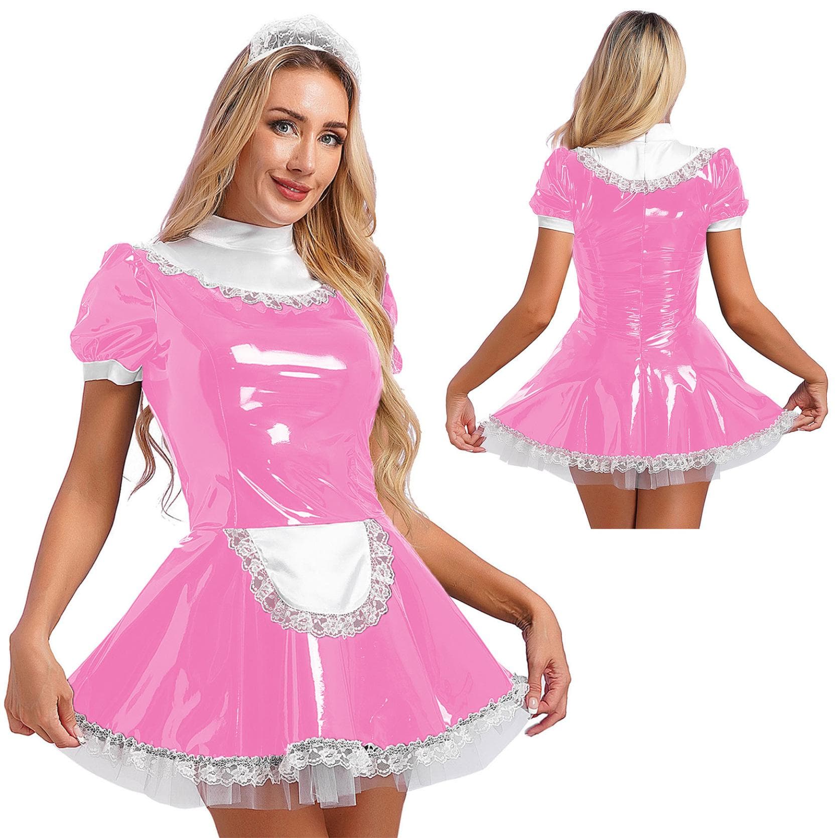 Women Short Sleeve Maid Dress Cosplay Costume Clubwear Dress Masquerade Theme Party Halloween Costumes 5XL pink