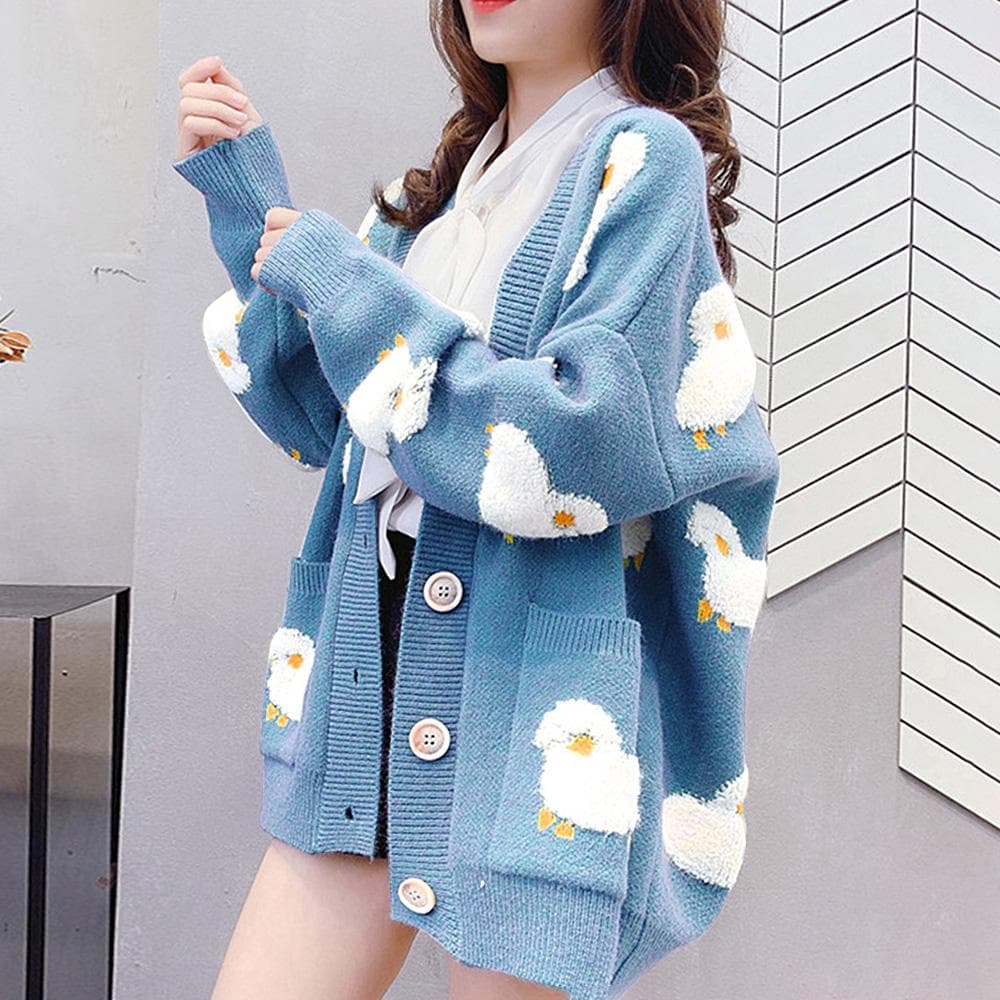 Women Oversized Knitting Cardigan Coat Cute Sheep Buttons Front with Pocket Loose Sweater Casual One Size blue