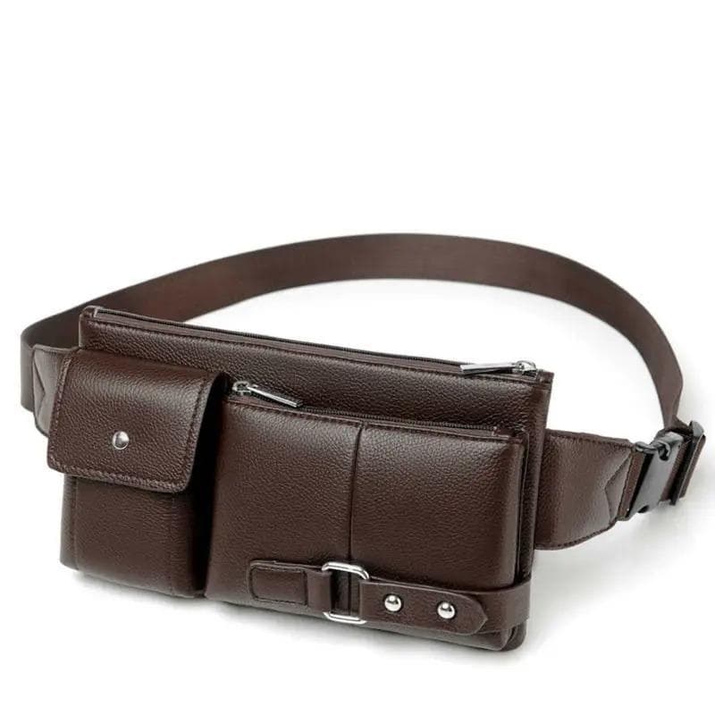 Multi Pocket Pack PU Leather Waist Bag Slim Shoulder Bag Purse Adjustable Belt Strap Casual Pouch Outdoor Bag brown