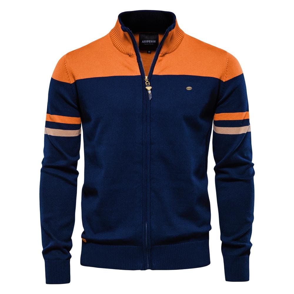 2023 New Autumn and Winter 100% Cotton Mens Zipper Cardigan Casual Patchwork Fashion Youth Knitted Sweaters for Men XXL 95-105 kg orange
