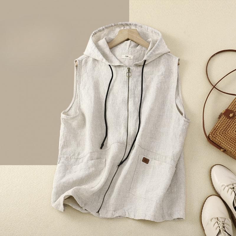 Spring Art Retro Hooded Cotton Linen Casual Loose Sleeveless Vest Short Jacket for Women Vests & Waistcoats Women’s 2XL Linen