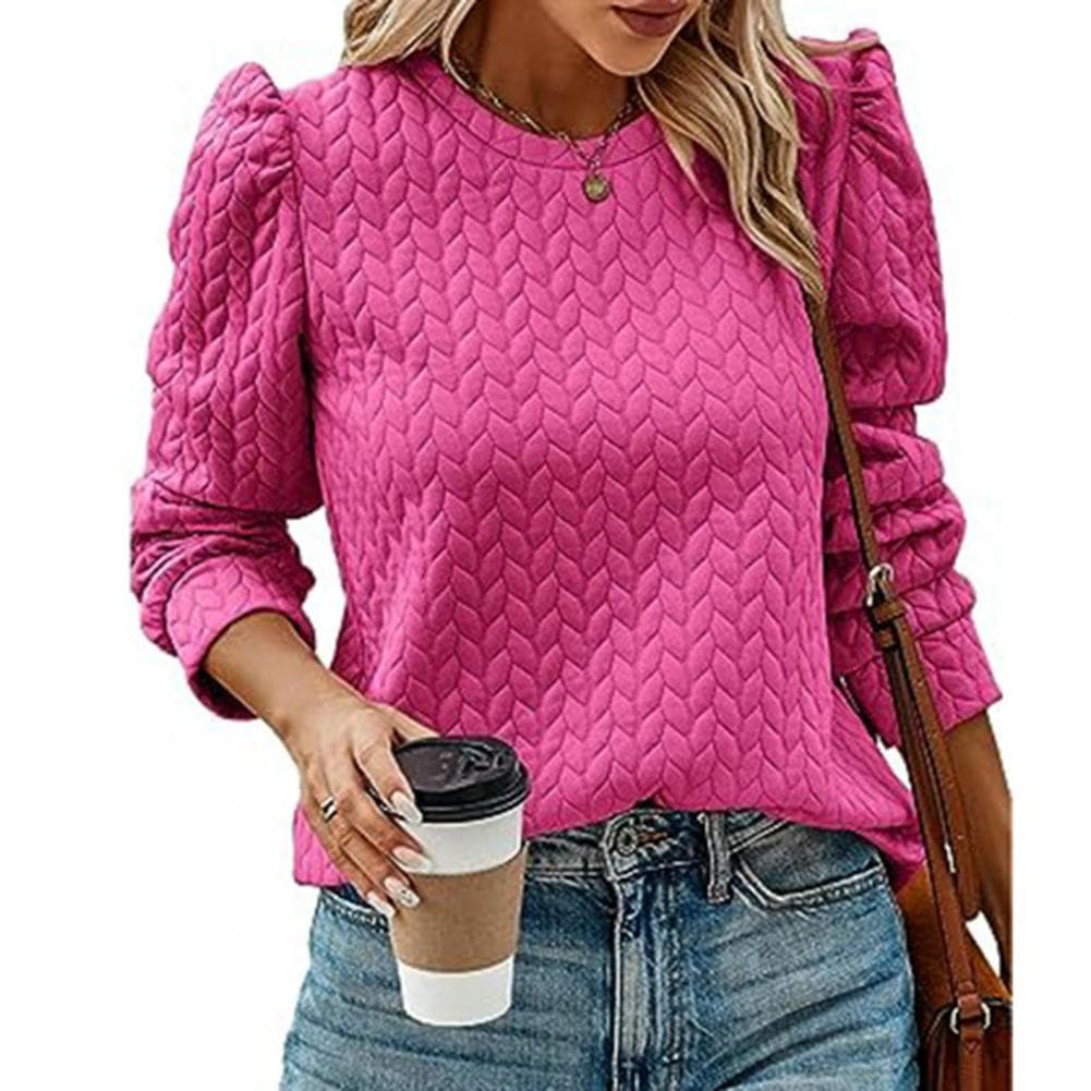 Women Autumn Winter Solid Color Sweatshirt O-neck Puff Long Sleeve Twist Texture Loose Fit Pullover Tops Streetwear S rose red