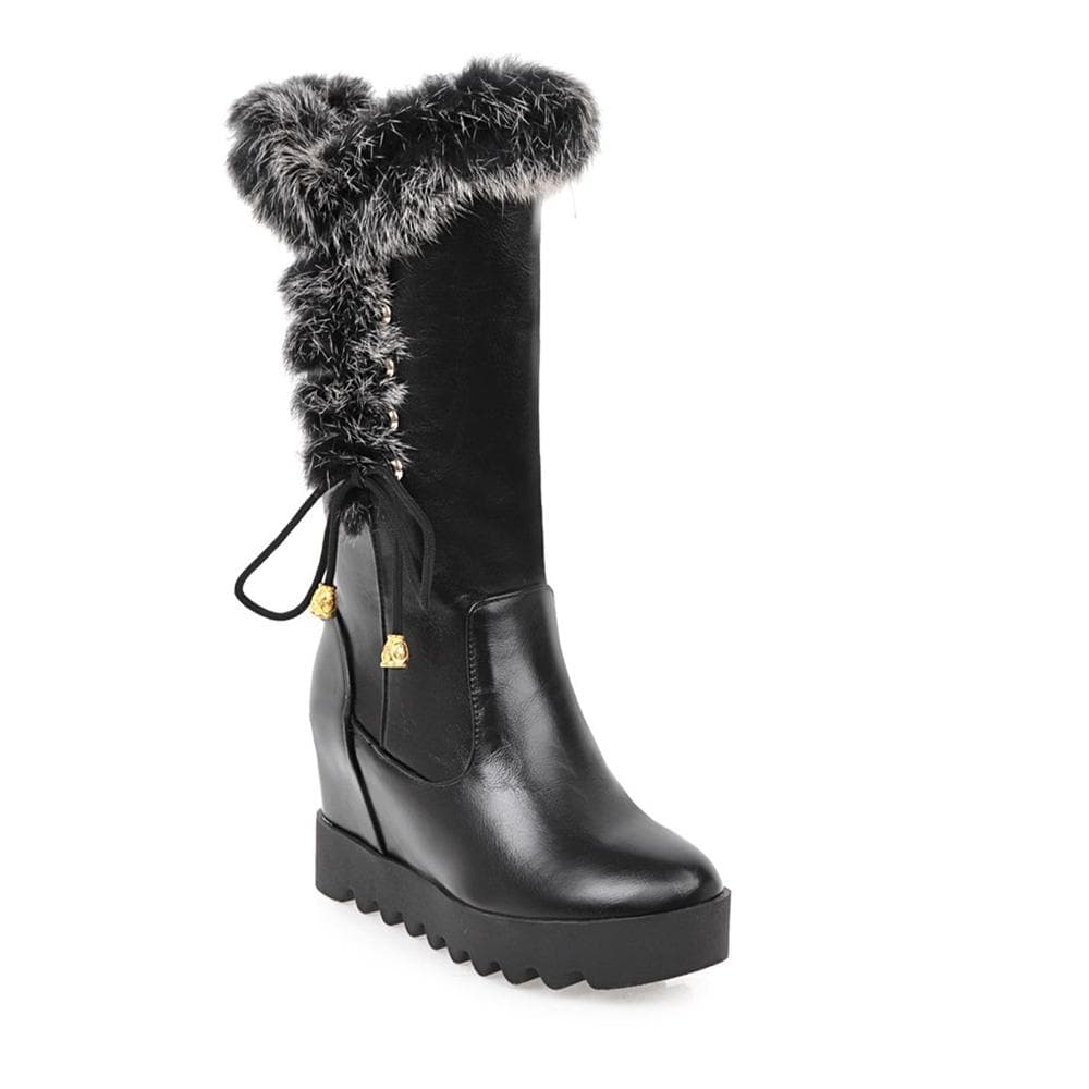 Winter Womens Snow Boots Warm Fur Mid Calf High Boots Lace-up Female Shoes Female Cute Padded Boots 34-43 35 black
