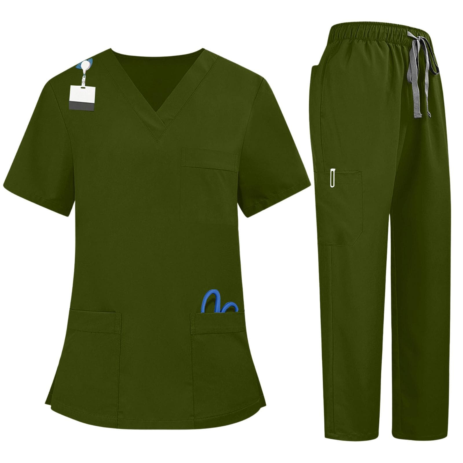 Soild Scrub Working Uniform Suit For Women's Cross V-Neck Short Sleeve Fun T-Shirts Workwear Tee With Pockets S army green