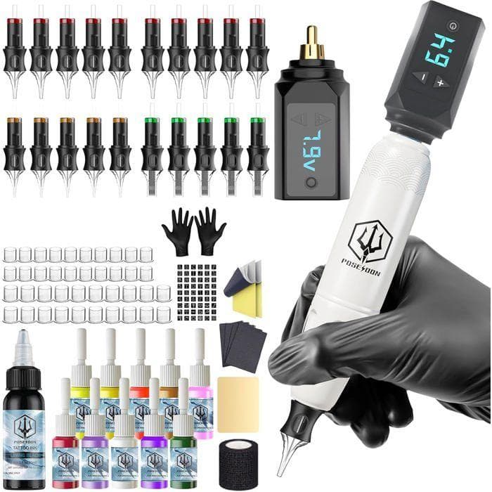 Tattoo kit - 1001 PILES BATTERIES - TK039 - Wireless - 2 batteries 1500mAh (4–12V, 9 levels) - 20 sterile cartridges white