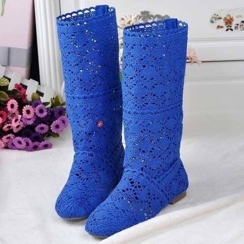 Lace Hollow Boots Shoes Breathable Knit Line Mesh Korean High Summer Women Boots Knee High Womens Shoes 41 blue