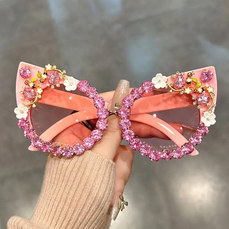 Luxury Rhinestone Flower Sunglasses Cat Eye Gradient Decorative Shades For Costume Party Prom Accessories