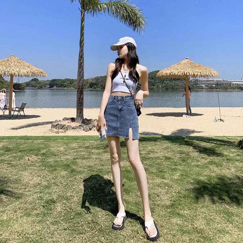 New Summer Blue Denim Short Skirt for Women with Tight Skin, Slim and Anti-exposure Short Skirt for Hip Slit XL