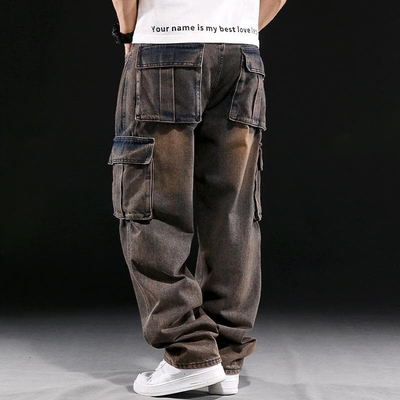 Men's American-Style Multi-Pocket Wide-Leg Loose Workwear Jeans, Large Size 34