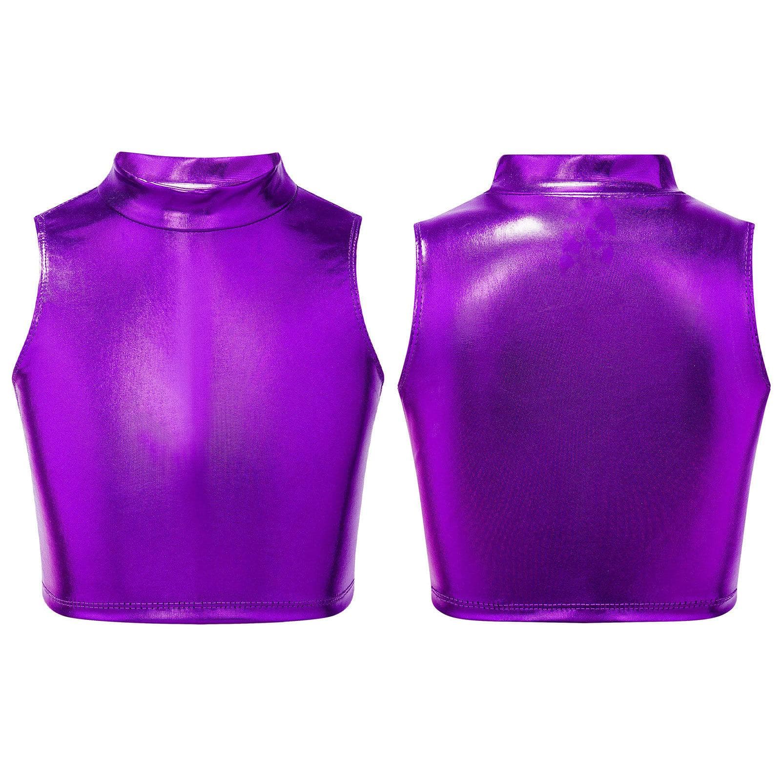 Big Girls Shiny Metallic High Turtleneck Cropped Tank Top Cami Tees for Yoga Dance Gym Sport Bra 7-8 Years purple