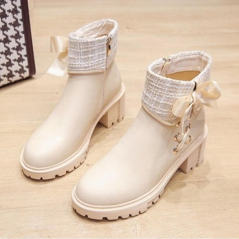 Leather Women's Ankle Boots Mid Heel New Style Boots Designer Thick Sole Winter Shoes 40 beige