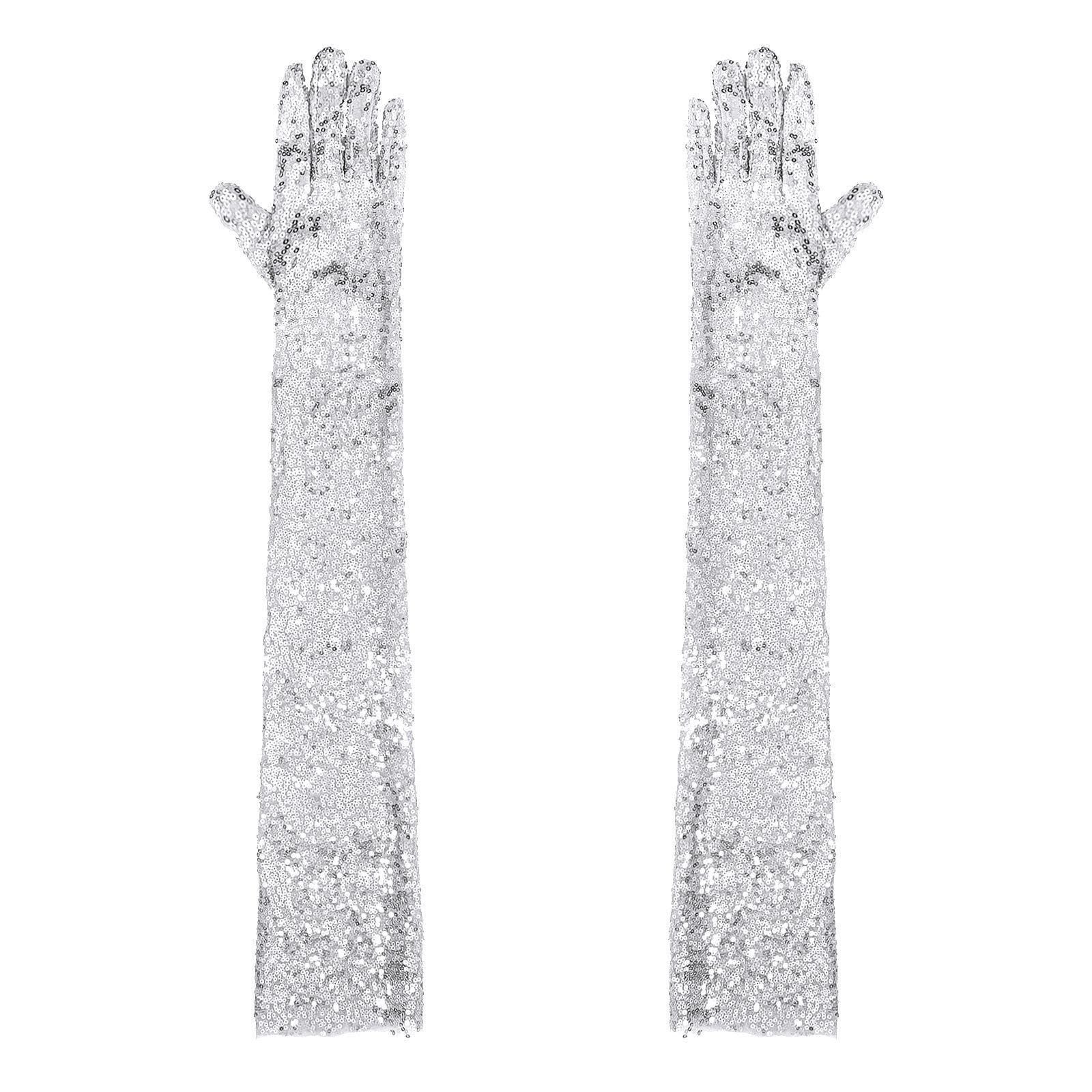 Womens Shiny Sequin Mesh Long Gloves Elbow Length Vintage Long Gloves for Opera Evening One Size silver