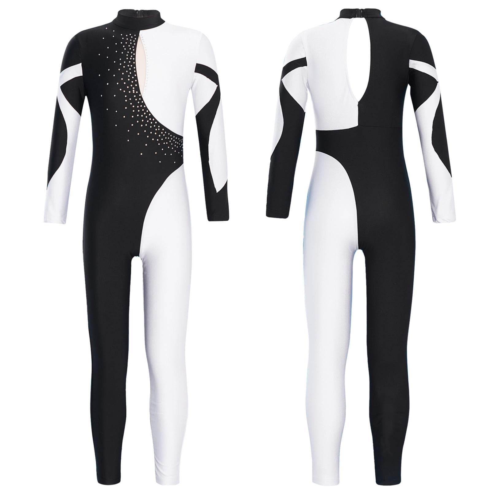 Gymnastics Jumpsuits Kids Shiny Rhinestone Ice Skating Bodysuit Girls Long Sleeve Ballet Dance Full Body Leotards Unitards 7-8 Years white