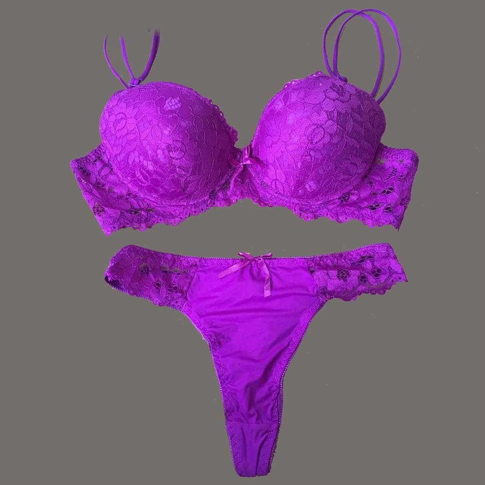 Lace Bra Thong Set Push up Underwear set Women Panties Hollow Lace Intimates Bras and Panty set 36D purple