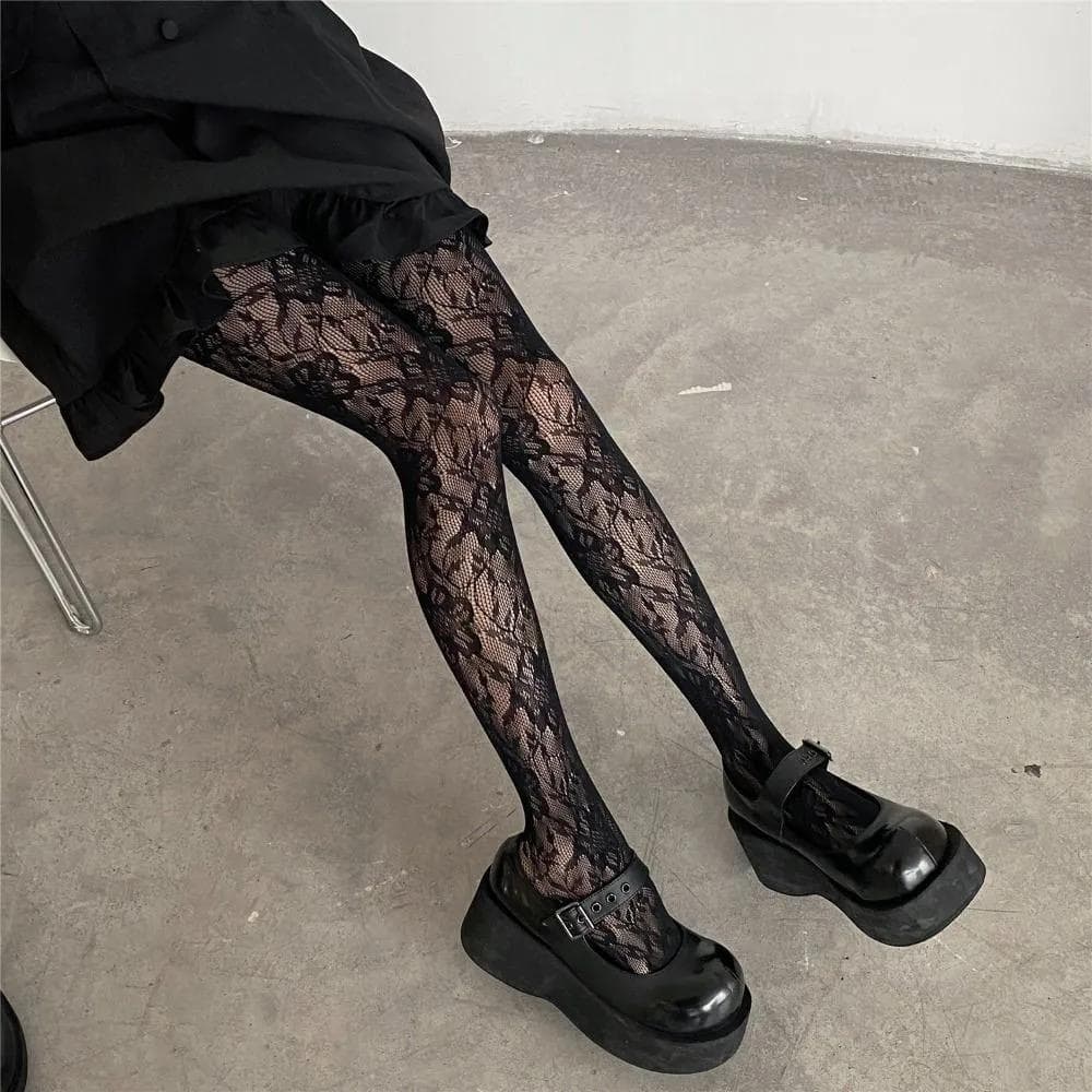 Black Silk Stockings, Fishnet Socks With Floral Patterns, Thin Mesh Lace-up Stockings, And Sheer Openwork Embroidered Tights. black