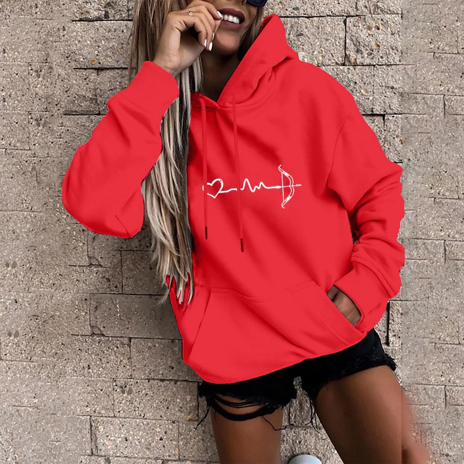 Women's Fashion Casual Fun Print Hooded Sweatshirt Loose Sports Tops Pullover S red