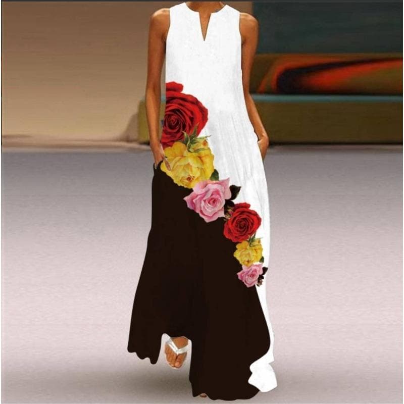 Summer Women's Dress Sleeveless Dress V-neck Print Dress XXL