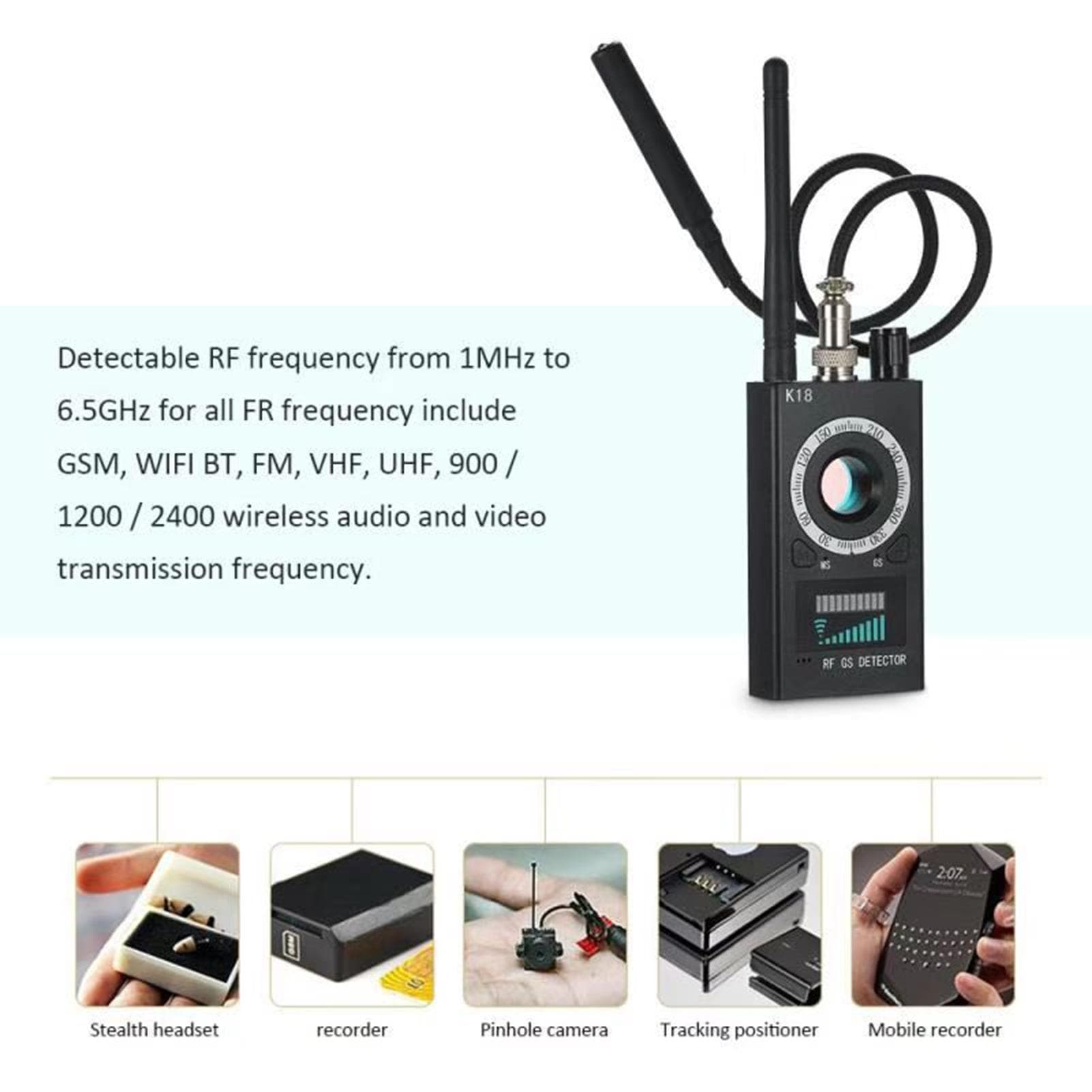 GPS Detector RF Signal Detector Hidden Camera Finder Surveillance Camera Bug Sweeper Bug Detector EU Plug black