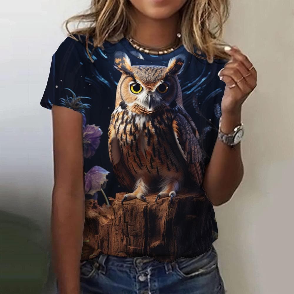 Vintage Animals Print Women's T Shirts Summer Fashion Short Sleeve Top 3d Owl Print Oversized Female Clothing Ladies Holiday Tee 4XL