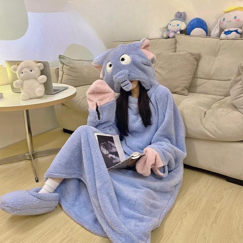 Winter Flannel Nightgown Hooded Warm Pajamas Bathrobe Kawaii Clothes Pajamas Extra Large Thickened Home Wear Korean Style Nightgown M
