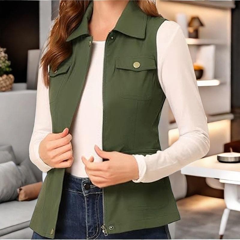Sleeveless Women's Vest Cardigan Zipper Jacket Multi-pockets Solid Color 2XL