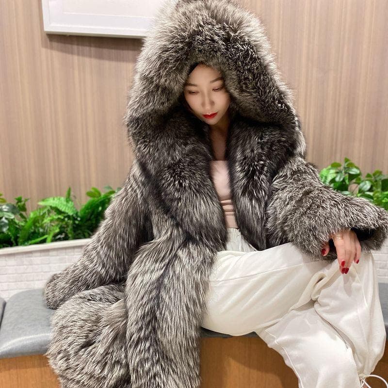 Autumn and Winter New Women's Fur Coat Imitation Fox Fur Long-Cut Coat Fashion Hooded Coat Winter Trench Coat M