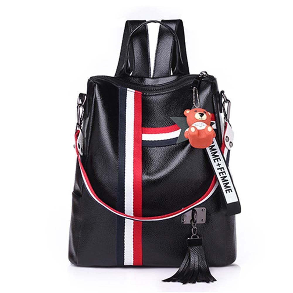 Fashion Cartoon School Bag Female PU Leather Travel Bag Gril's Stripe Pendant Backpack black