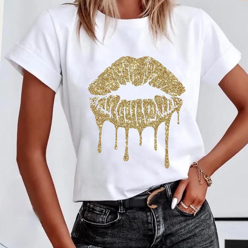 (Asian size) Short Sleeve Lip Love Sexy Trend Cute Lovely Women's Print Tee Top Summer Fashion Tshirt Woman Female Basic T Clothing Graphic T-shirts L