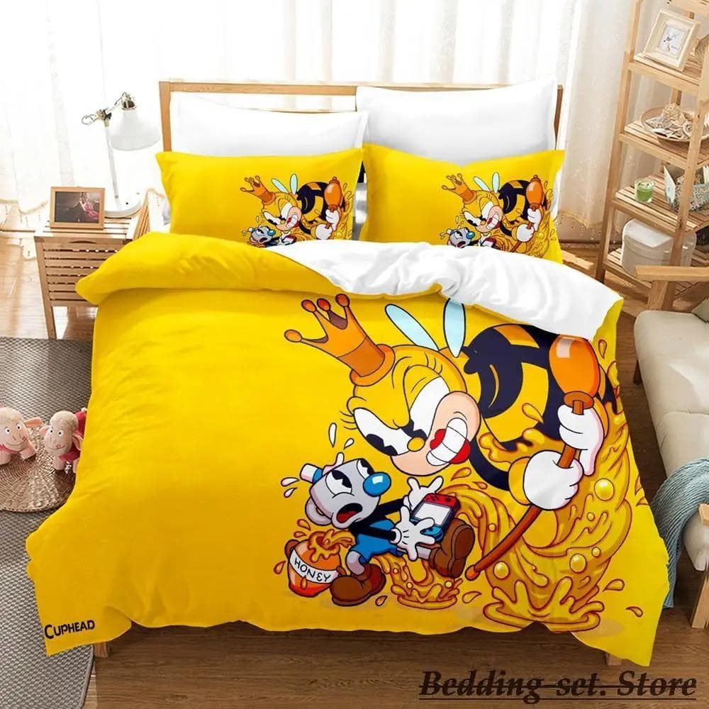 Game Cuphead Mugman Bedding Set Cartoon Anime three-piece set Adult Kid Bedroom Duvetcover Sets 3D Kawaii cama de casal US Queen 228x228cm