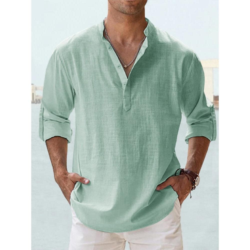 New Cotton Linen Shirts for Men Casual Shirts Lightweight Long Sleeve Henley Beach Shirts Hawaiian T Shirts for Men Streetwear US L 70-80 KG green