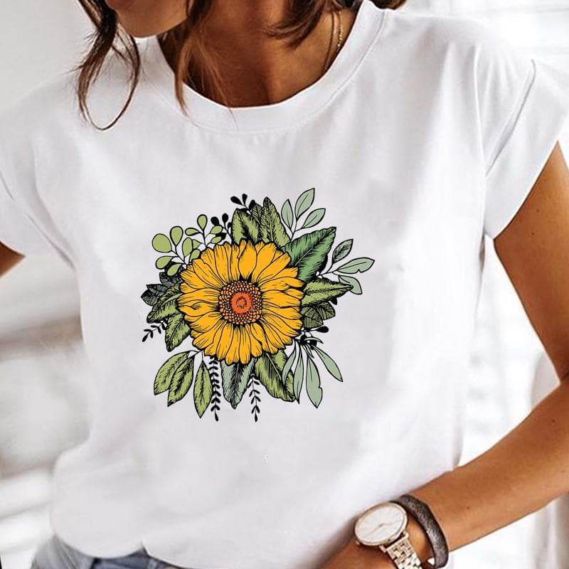 Women Short Sleeve Flower Watercolor Trend 90s Cute Print Tee Top Summer Fashion Tshirt Clothing Casual Lady Female Graphic T-shirt XXXXL