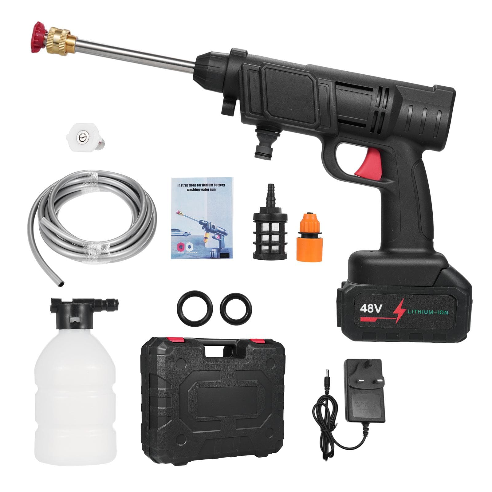 Portable Home High Pressure Washer 21V Lithium Battery Cordless Car Washing Machine Powerful Car UK Plug & 1 Battery black