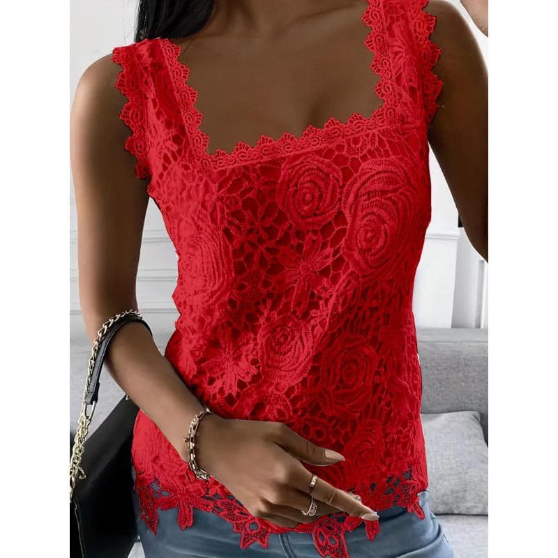 Summer Women's Vest Square Neck Lace Sleeveless Tank Top L red